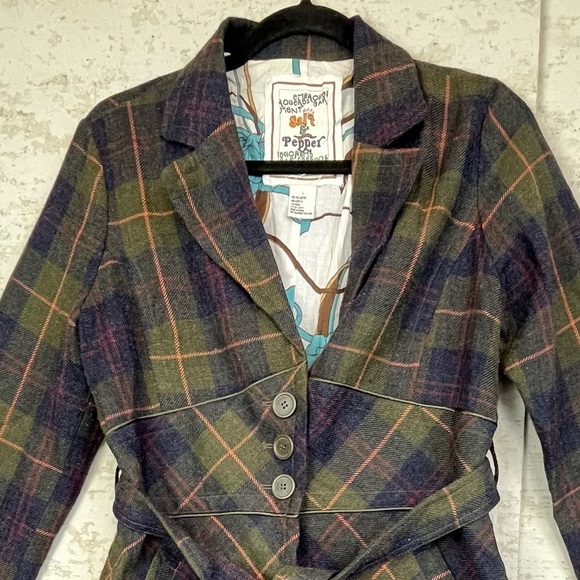 Salt & Pepper Plaid Wool Trench Coat Grunge Dark Academia Muted Whimsigoth - Picture 2 of 16